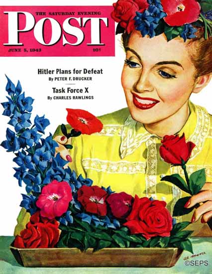 Al Moore Saturday Evening Post Arranging Flowers 1943_06_05 | The Saturday Evening Post Graphic Art Covers 1931-1969