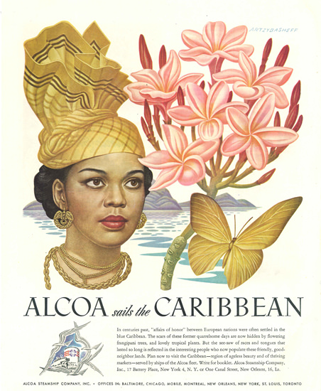 Alcoa Sails The Caribbean Beauty Butterfly Flower 1948 by Boris Artzybasheff | Vintage Travel Posters 1891-1970
