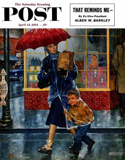 Amos Sewell Saturday Evening Post Leaving Grocery in Rain 1954_04_24 | The Saturday Evening Post Graphic Art Covers 1931-1969