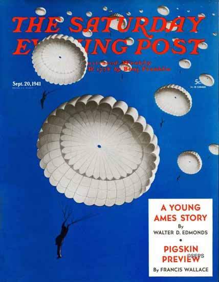 Arthur Radebaugh Saturday Evening Post Parachutes Sky 1941_09_20 | The Saturday Evening Post Graphic Art Covers 1931-1969