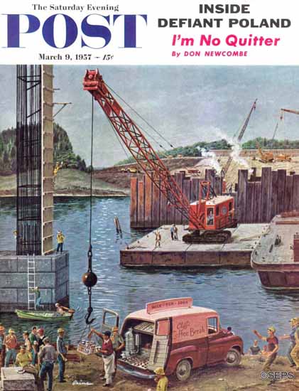 Ben Kimberly Prins Saturday Evening Post Bridge Construction 1957_03_09 | The Saturday Evening Post Graphic Art Covers 1931-1969