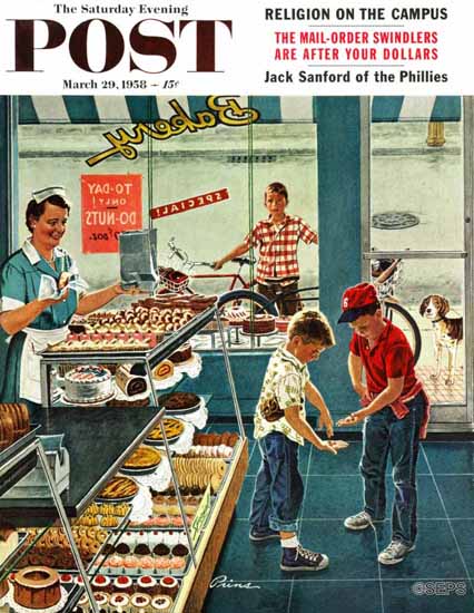 Ben Kimberly Prins Saturday Evening Post Doughnuts Change 1958_03_29 | The Saturday Evening Post Graphic Art Covers 1931-1969