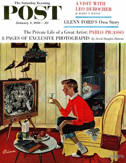 Ben Kimberly Prins Saturday Evening Post Last Babysitter 1958_01_04 | The Saturday Evening Post Graphic Art Covers 1931-1969