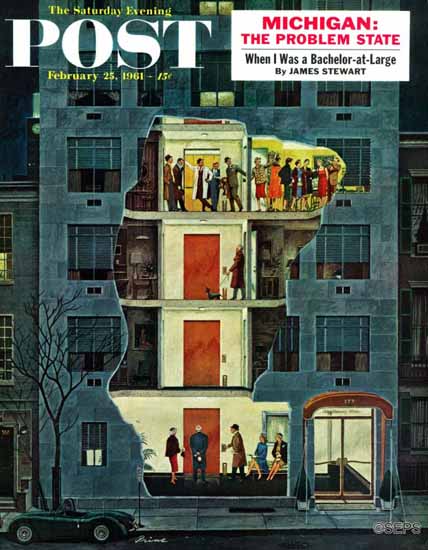 Ben Kimberly Prins Saturday Evening Post Party Elevator 1961_02_25 | The Saturday Evening Post Graphic Art Covers 1931-1969