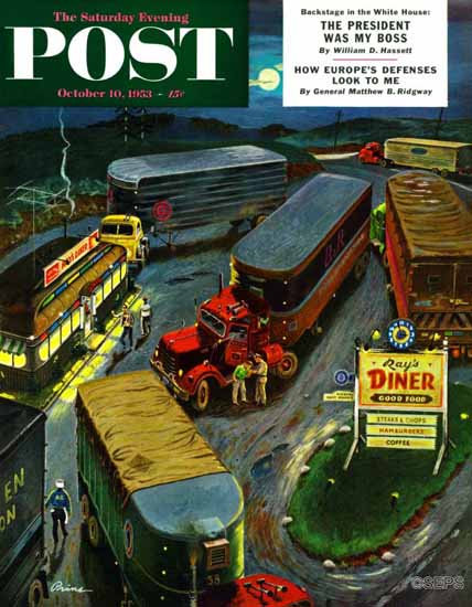 Ben Kimberly Prins Saturday Evening Post Truck Stop Diner 1953_10_10 | Sat Eve Post 1931-69 Ben Kimberly Prins Saturday Evening Post Truck Stop Diner 1953_10_10 | The Saturday Evening Post Graphic Art Covers 1931-1969