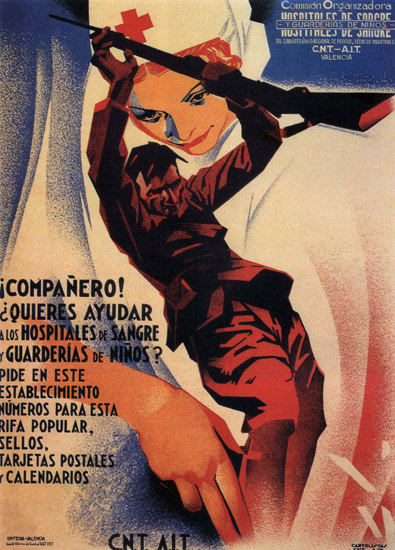 CNT Companero Ayudar A Los Hospitales Espana | Vintage War Propaganda Posters 1891-1970