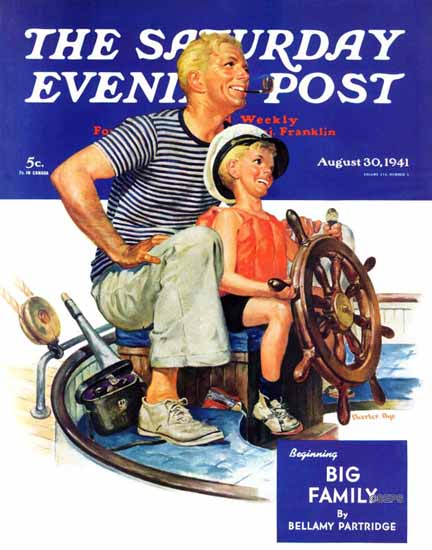 Charles Dye Saturday Evening Post Teaching Son to Sail 1941_08_30 | The Saturday Evening Post Graphic Art Covers 1931-1969