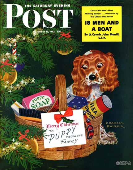 Charles Kaiser Saturday Evening Post Doggy Basket 1942_12_19 | Sat Eve Post 1931-69 Charles Kaiser Saturday Evening Post Doggy Basket 1942_12_19 | The Saturday Evening Post Graphic Art Covers 1931-1969
