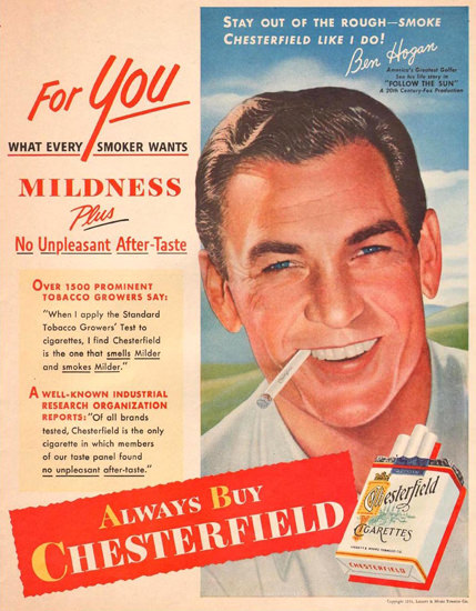 Chesterfield Ben Hogan Golfer Follow Sun 1951 | Vintage Ad and Cover Art 1891-1970