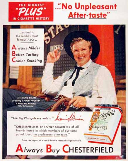 Chesterfield Cigarettes Actor David Brian 1951 | Vintage Ad and Cover Art 1891-1970