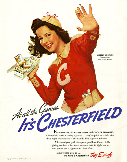 Chesterfield Cigarettes Angela Cummins 1940 | Sex Appeal Vintage Ads and Covers 1891-1970