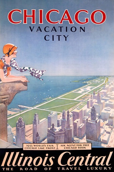 Chicago Vacation City Illinois Central 1933 | Vintage Travel Posters 1891-1970