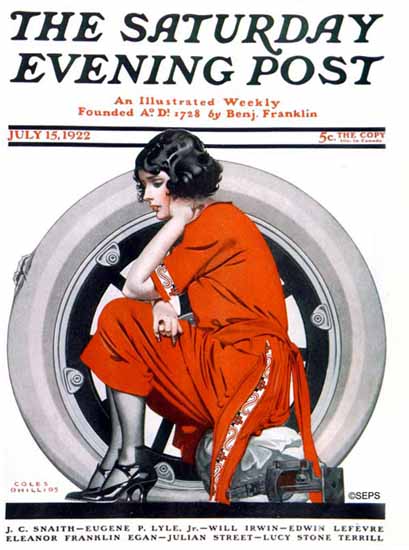 Coles Phillips Saturday Evening Post Woman and Flat Tire 1922_07_15 C | 200 Coles Phillips Magazine Covers and Ads 1908-1927