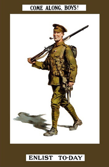 Come Along Boys Enlist To-Day Smiling Soldier | Vintage War Propaganda Posters 1891-1970