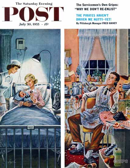 Constantin Alajalov Saturday Evening Post Baby Talk 1955_07_30 | The Saturday Evening Post Graphic Art Covers 1931-1969