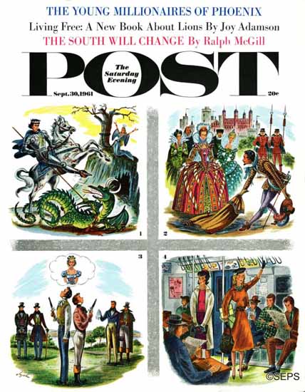 Constantin Alajalov Saturday Evening Post Chivalry is Dead 1961_09_30 | Sat Eve Post 1931-69 Constantin Alajalov Saturday Evening Post Chivalry is Dead 1961_09_30 | The Saturday Evening Post Graphic Art Covers 1931-1969