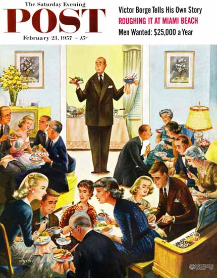 Constantin Alajalov Saturday Evening Post Dinner Buffet 1957_02_23 | The Saturday Evening Post Graphic Art Covers 1931-1969