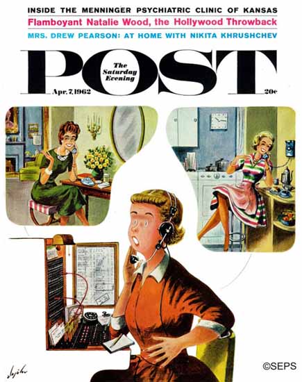 Constantin Alajalov Saturday Evening Post Eavesdropping 1962_04_07 | The Saturday Evening Post Graphic Art Covers 1931-1969