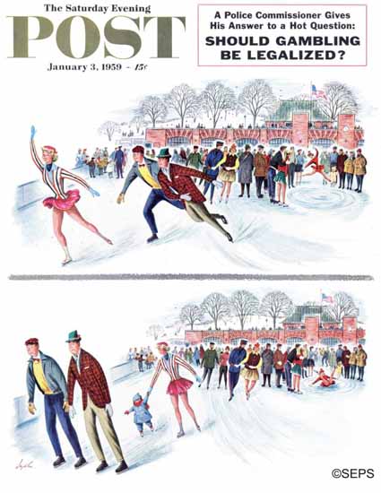 Constantin Alajalov Saturday Evening Post Hot Pursuit Cold 1959_01_03 | The Saturday Evening Post Graphic Art Covers 1931-1969