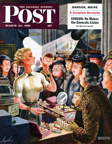 Constantin Alajalov Saturday Evening Post Makeup Counter 1951_03_10 | The Saturday Evening Post Graphic Art Covers 1931-1969