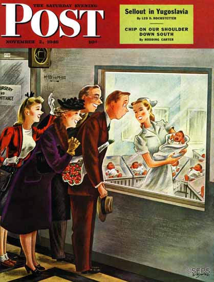Constantin Alajalov Saturday Evening Post Maternity Ward 1946_11_02 | The Saturday Evening Post Graphic Art Covers 1931-1969