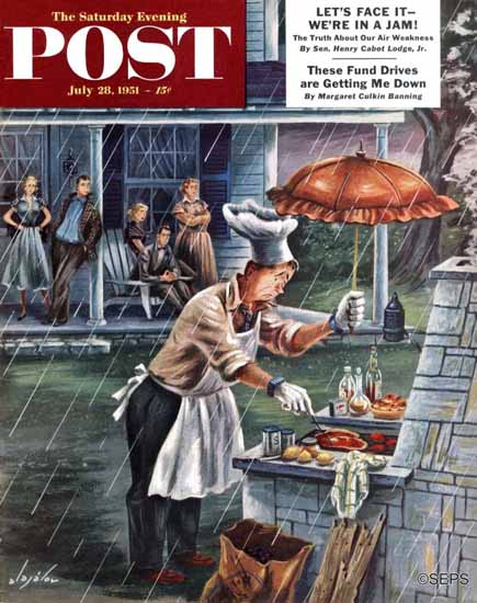Constantin Alajalov Saturday Evening Post Rainy Barbecue 1951_07_28 | Sat Eve Post 1931-69 Constantin Alajalov Saturday Evening Post Rainy Barbecue 1951_07_28 | The Saturday Evening Post Graphic Art Covers 1931-1969