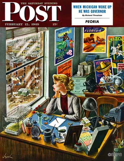 Constantin Alajalov Saturday Evening Post Travel Agent Desk 1949_02_12 | The Saturday Evening Post Graphic Art Covers 1931-1969