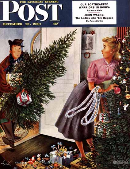 Constantin Alajalov Saturday Evening Post Tree Love 1950_12_23 | The Saturday Evening Post Graphic Art Covers 1931-1969