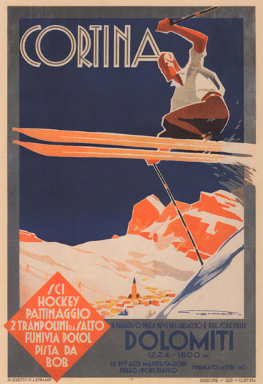Cortina Dolomiti Sci Hockey Pattinaggio Italy Italia | Vintage Travel Posters 1891-1970