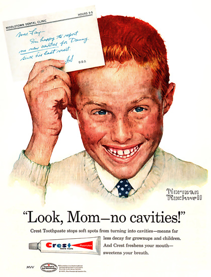 Crest Toothpaste Look Mom No Cavities by Norman Rockwell | Vintage Ad and Cover Art 1891-1970