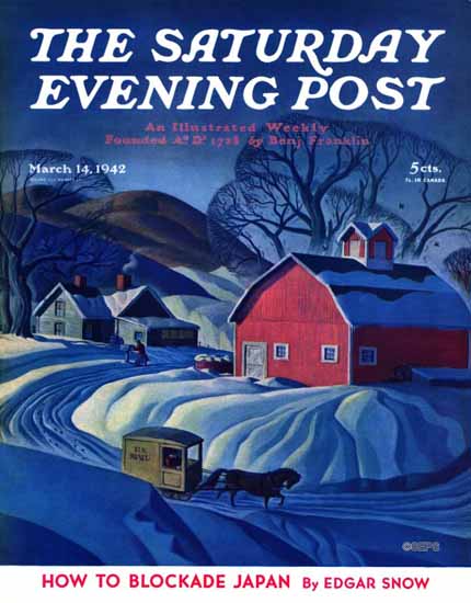 Dale Nichols Saturday Evening Post Mail Wagon in Snow 1942_03_14 | The Saturday Evening Post Graphic Art Covers 1931-1969