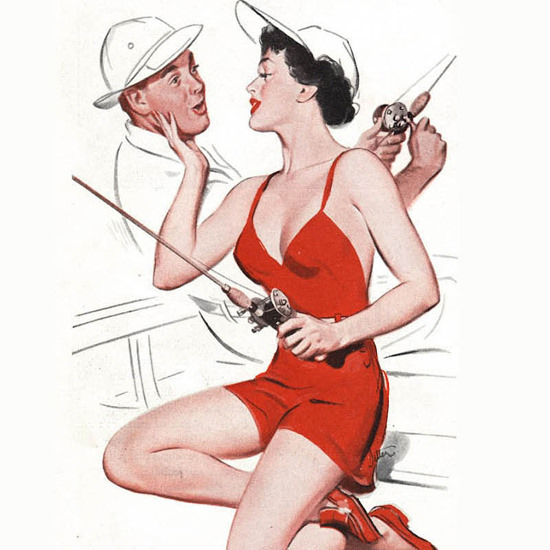 Detail Of Barbasol Shaving Cream Pin-Up Girl Fisherman 1956 | Best of Vintage Ad Art 1891-1970