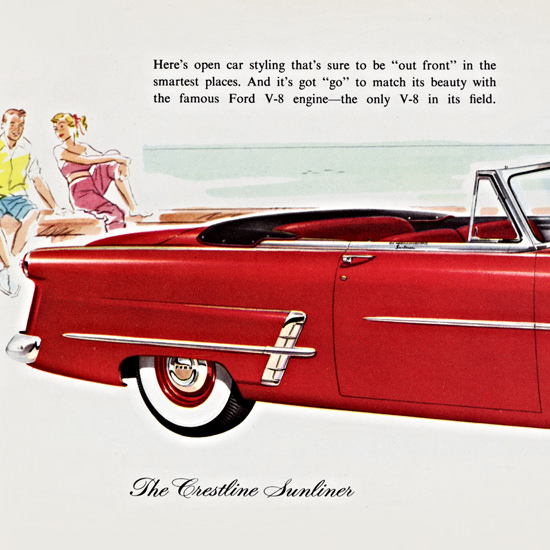 Detail Of Ford Crestline V8 Sunliner 1953 Out Front | Best of Vintage Ad Art 1891-1970