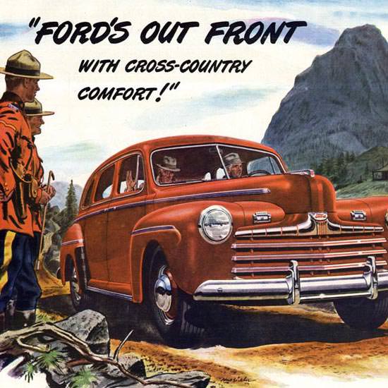 Detail Of Ford Out Front Mounties 1946 Red | Best of 1940s Ad and Cover Art