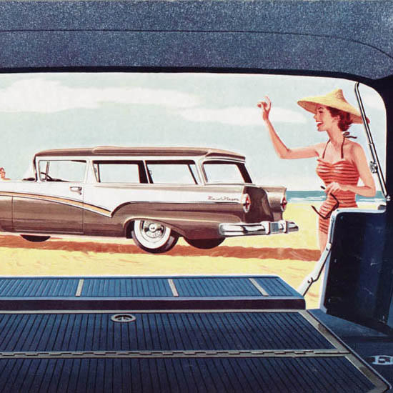 Detail Of Ford Station Wagons 1957 Beach | Best of Vintage Ad Art 1891-1970