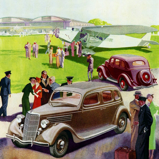 Detail Of Ford V8 Saloon De Luxe 1935 Airport | Best of Vintage Ad Art 1891-1970