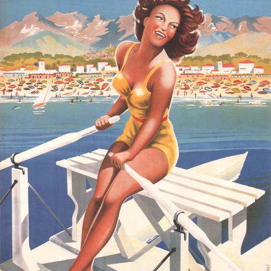 Detail Of Marina Di Massa Apuania Girl On A Rowboat Italia | Best of Vintage Ad Art 1891-1970