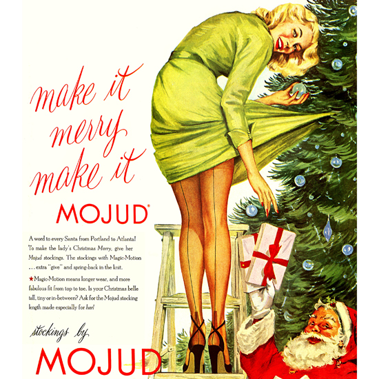 Detail Of Mojud Stockings Christmas Girl In High Heels 1951 | Best of 1950s Ad and Cover Art
