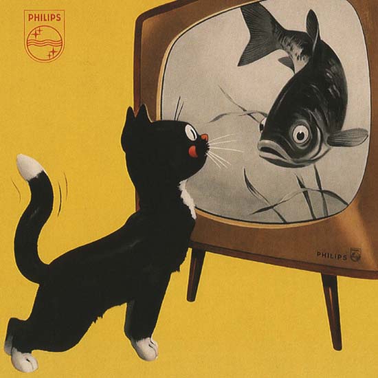 Detail Of Philips Netherlands Cat And TV Fish | Best of Vintage Ad Art 1891-1970