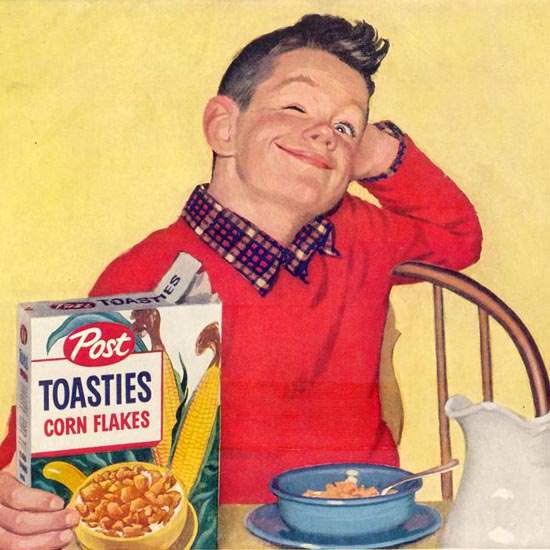 Detail Of Post Toasties Boy At Breakfast 1957 | Best of Vintage Ad Art 1891-1970