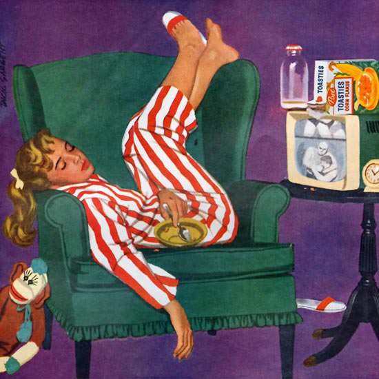 Detail Of Post Toasties Sleeping TV Girl 1957 | Best of 1950s Ad and Cover Art