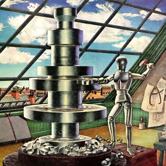 Detail Of Shell Automatic Sculptor Jones Lamson 1951 | Best of 1950s Ad and Cover Art