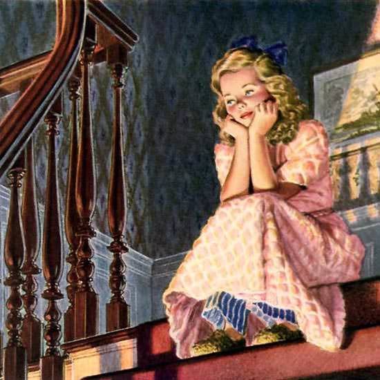 Detail Of Steinway Girl Waiting On The Stairs 1942 | Best of 1940s Ad and Cover Art