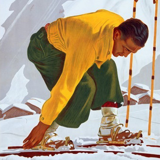 Detail Of Winter In Switzerland Skiing Mountains E Hermes | Best of Vintage Ad Art 1891-1970