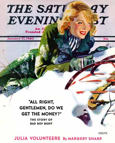 Dominice Cammerota Saturday Evening Post Tumble Sled 1940_01_27 | The Saturday Evening Post Graphic Art Covers 1931-1969