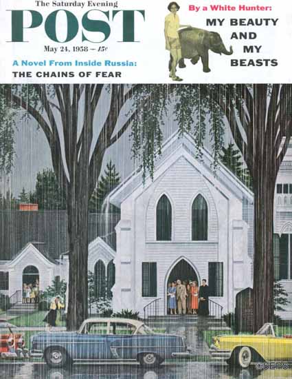E Melbourne Brindle Saturday Evening Post Sunday Rain 1958_05_24 | The Saturday Evening Post Graphic Art Covers 1931-1969