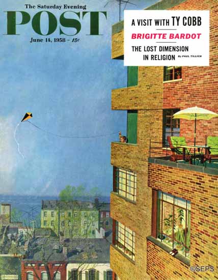 Earl Mayan Saturday Evening Post Apartment Kite Flyer 1958_06_14 | Sat Eve Post 1931-69 Earl Mayan Saturday Evening Post Apartment Kite Flyer 1958_06_14 | The Saturday Evening Post Graphic Art Covers 1931-1969