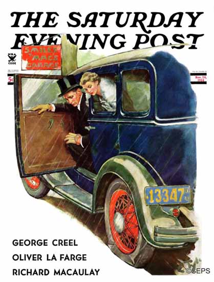 Ellen Pyle Saturday Evening Post Flat Tire Flat Evening 1934_11_24 | The Saturday Evening Post Graphic Art Covers 1931-1969
