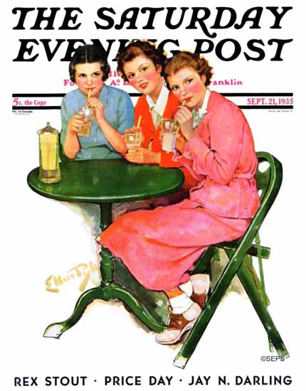 Ellen Pyle Saturday Evening Post Girls Sipping Sodas 1935_09_21 | The Saturday Evening Post Graphic Art Covers 1931-1969