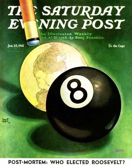 Emmett Watson Saturday Evening Post World as Cue Ball 1941_01_25 | The Saturday Evening Post Graphic Art Covers 1931-1969